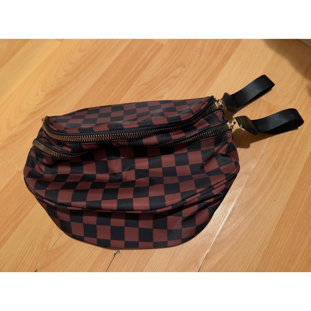 Checkered Crossbody Bag Brown Black Pattern Multi Zip Bag
